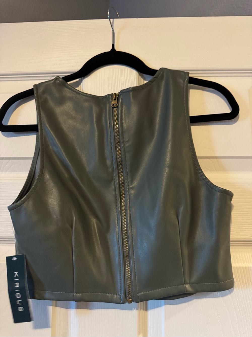 Faux Leather Cropped Tank Top - Olive Green - Picture 2 of 3